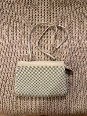 Minimalist Whiting and Davis Cream Crossbody Bag with Subtle Diamond Mesh